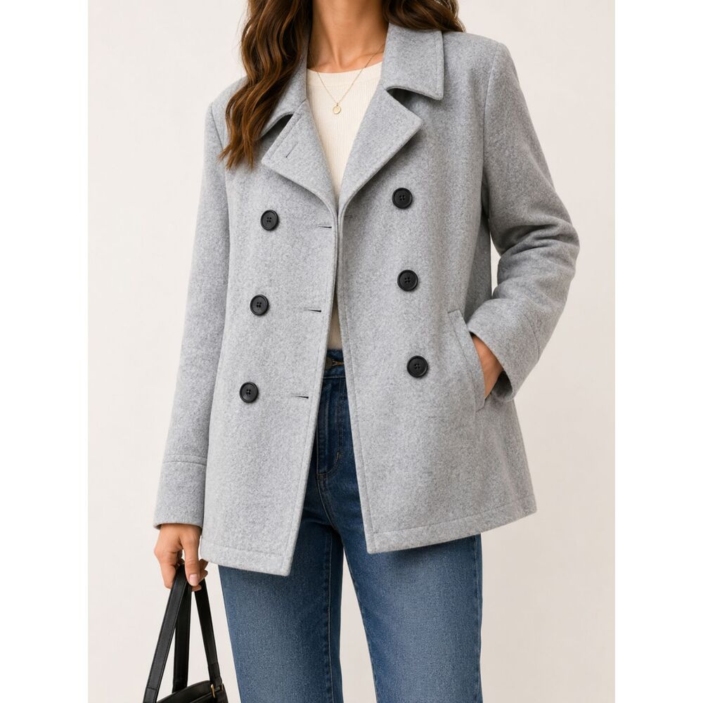 Old Navy Women's Large Gray Wool Blend Peacoat Double Breasted Classic Coat